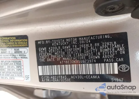 2005 Toyota Camry Le z USA, uszkodzony, nr VIN 4T1BE32KX5U973974